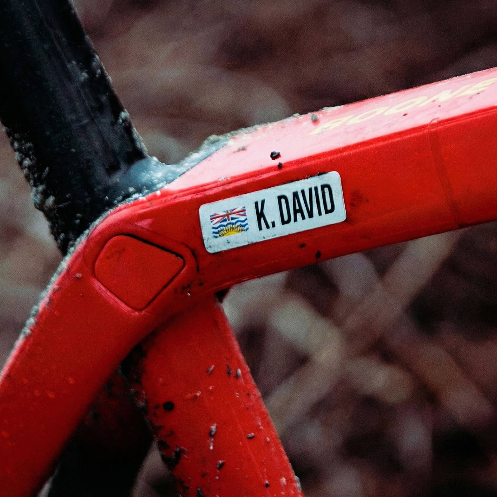 Custom British Columbia vinyl name bar decal on gravel bike frame
