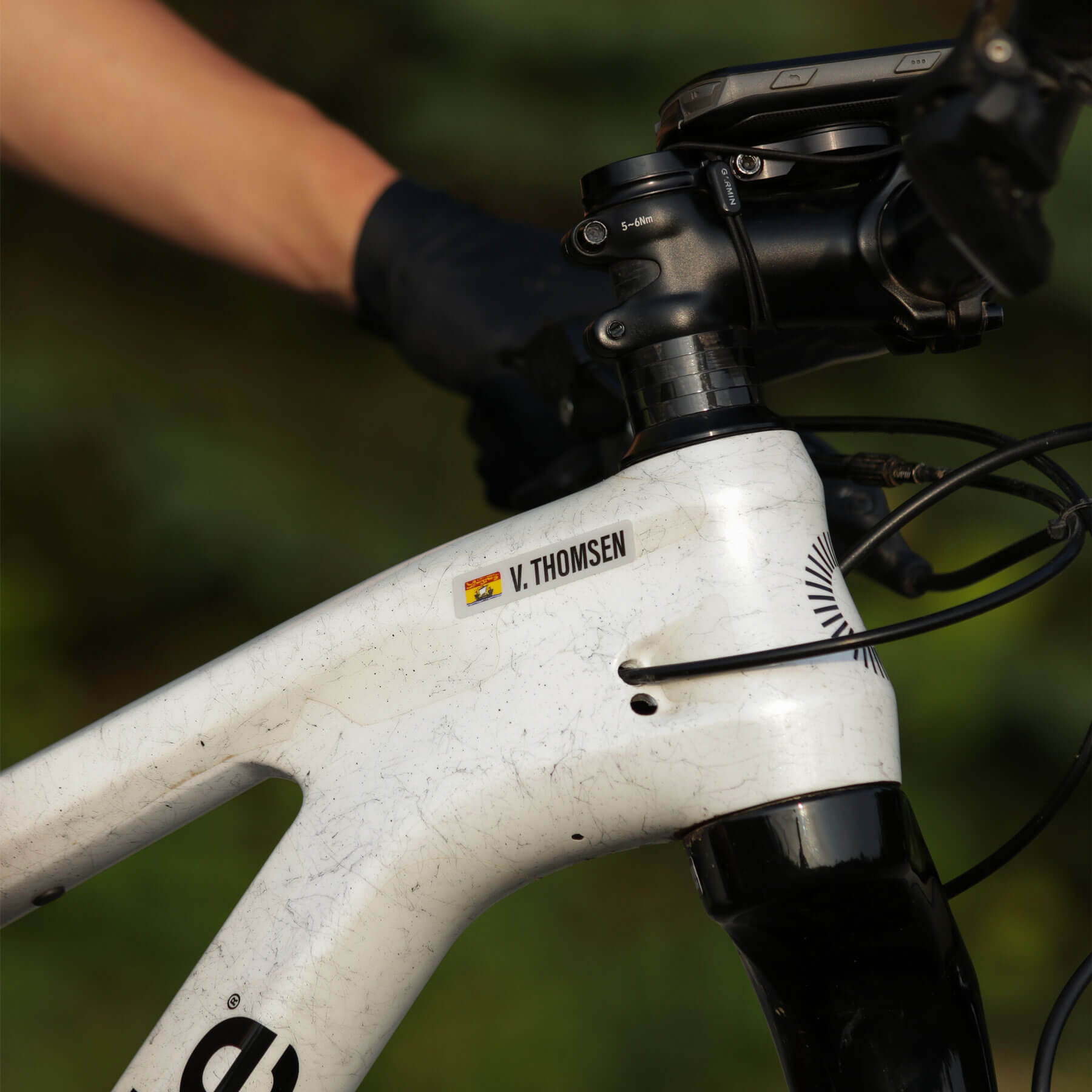 Custom V. Thomsen New Brunswick vinyl name bar decal on a mountain bike frame