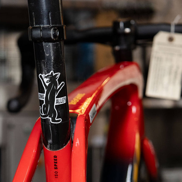 Close up shot of a seatpost on a Trek road bike with a vinyl shop logo decal
